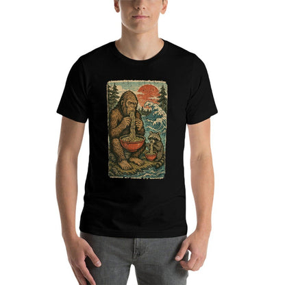 Anime Bigfoot Racoon Eating Ramen Funny Japanese Manga  Fade-proof Color T-Shirt