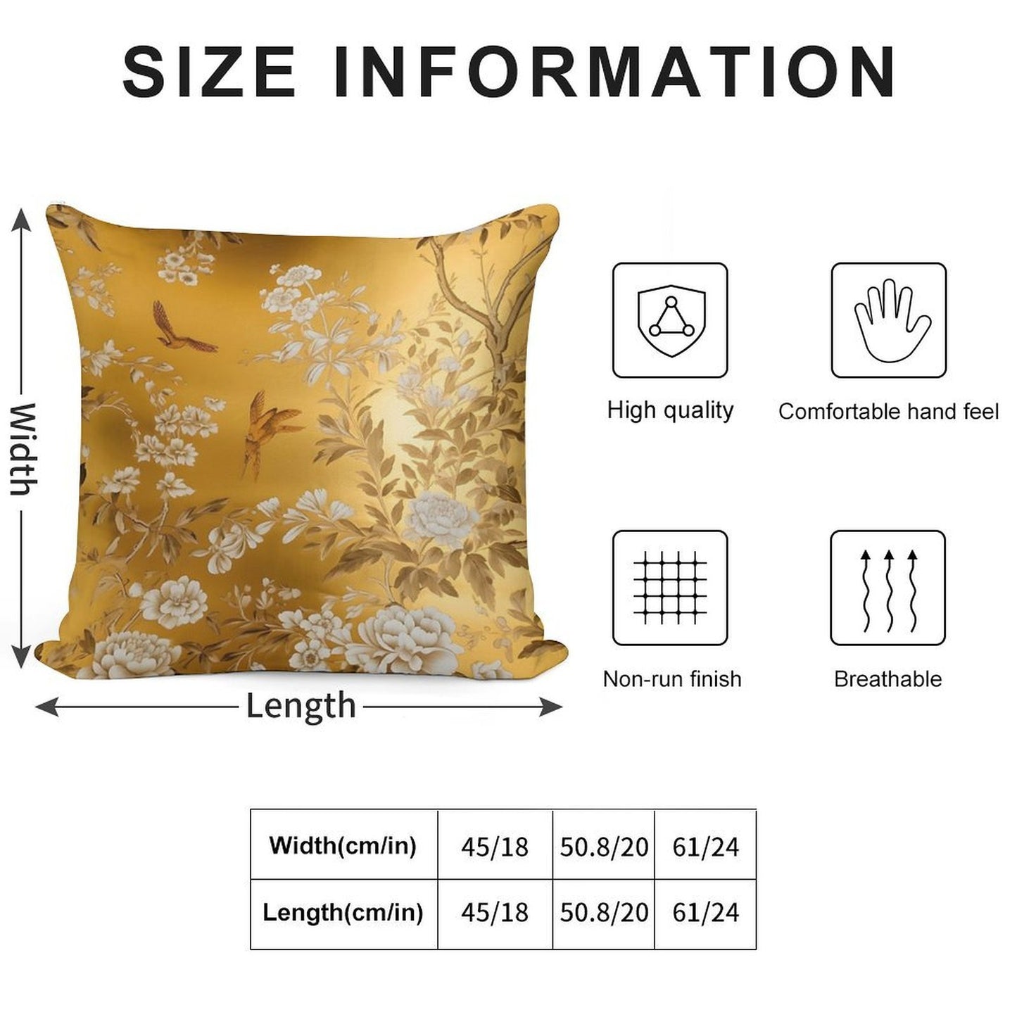 Gold Chinoiserie Floral Soft Durable Construction Throw Pillow