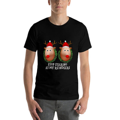 Womens Stop Staring at My Reindeers Boobs Ugly Gag Xmas Sweater  Polyester Blend T-Shirt