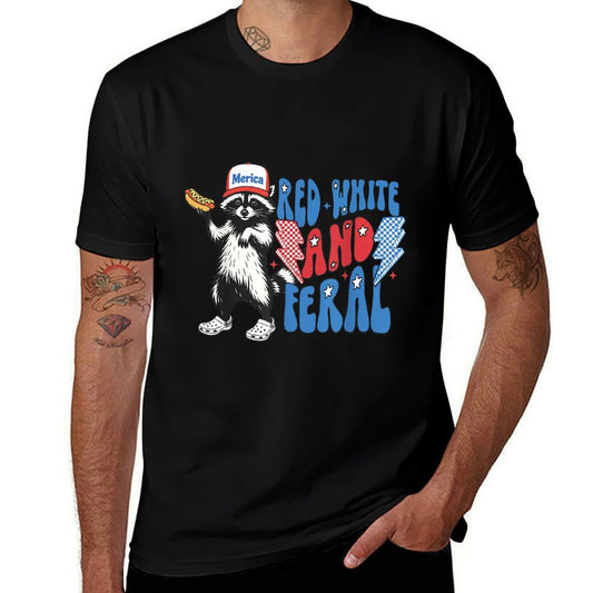 Red White And Feral Funny Raccoon 4th of July Patriotic Eco-friendly Material T-Shirt