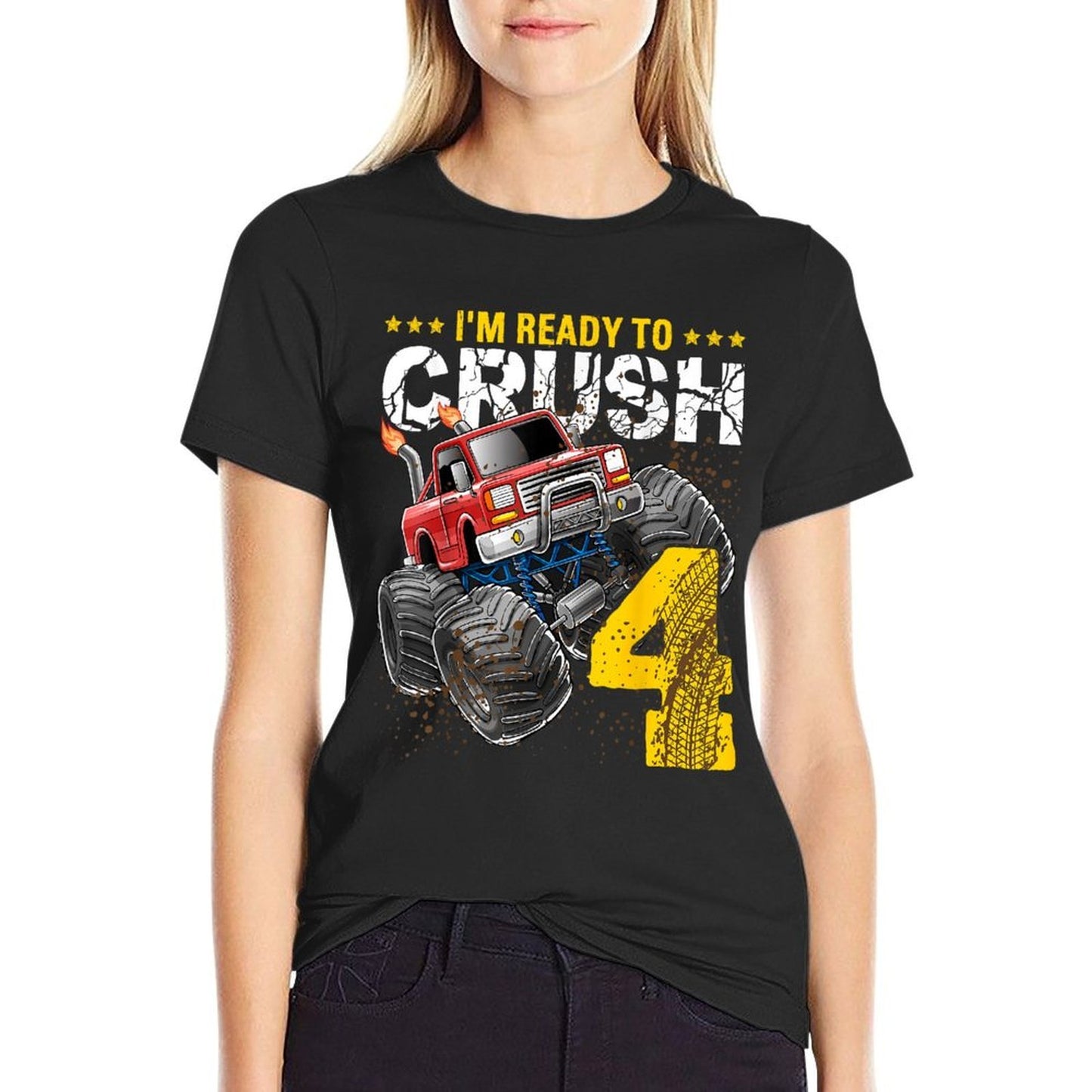 I'm Ready to Crush 4 Monster Truck 4th Birthday Gift Boys  Rolled Sleeves T-Shirt