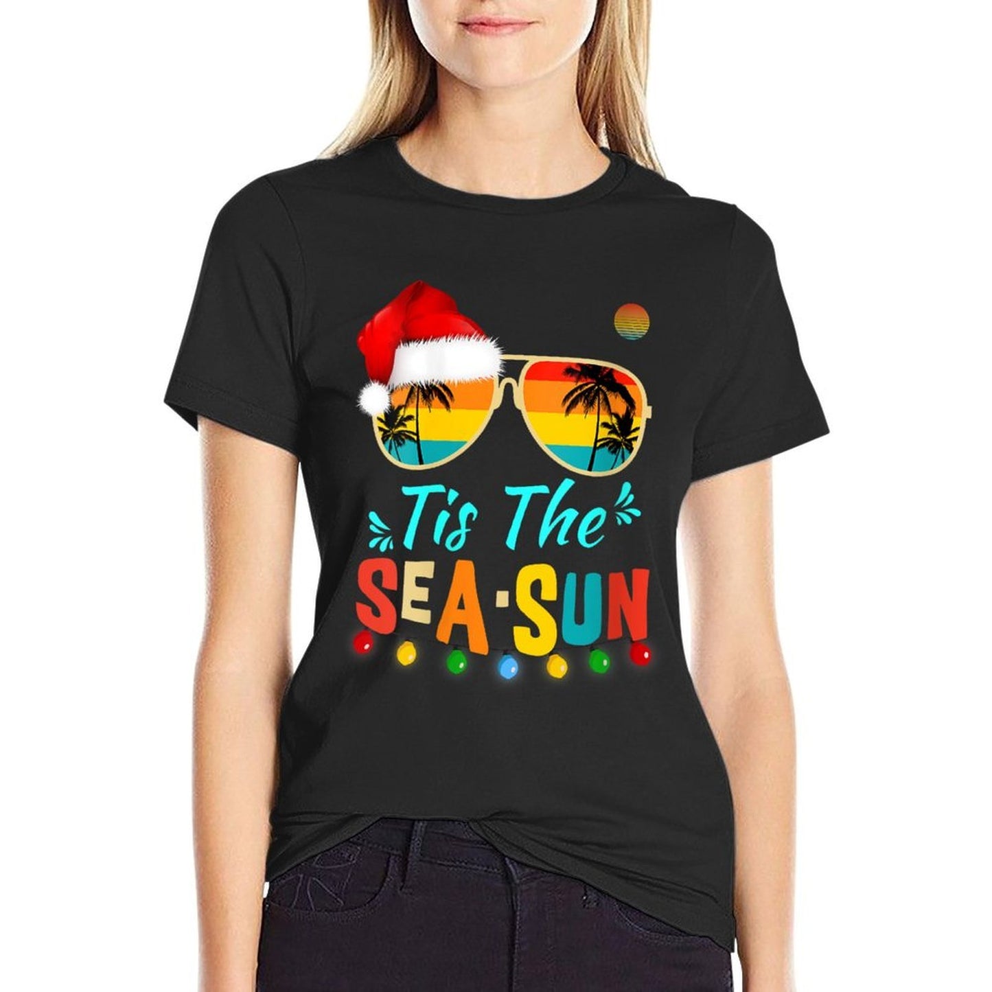 Womens Tis The Sea Sun Santa Beach Summer Christmas In July Summer  Moisture-wicking T-Shirt