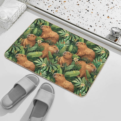 Cute Capybaras Frolic Amidst Lush Tropical Plants  Absorbent Bath Mat