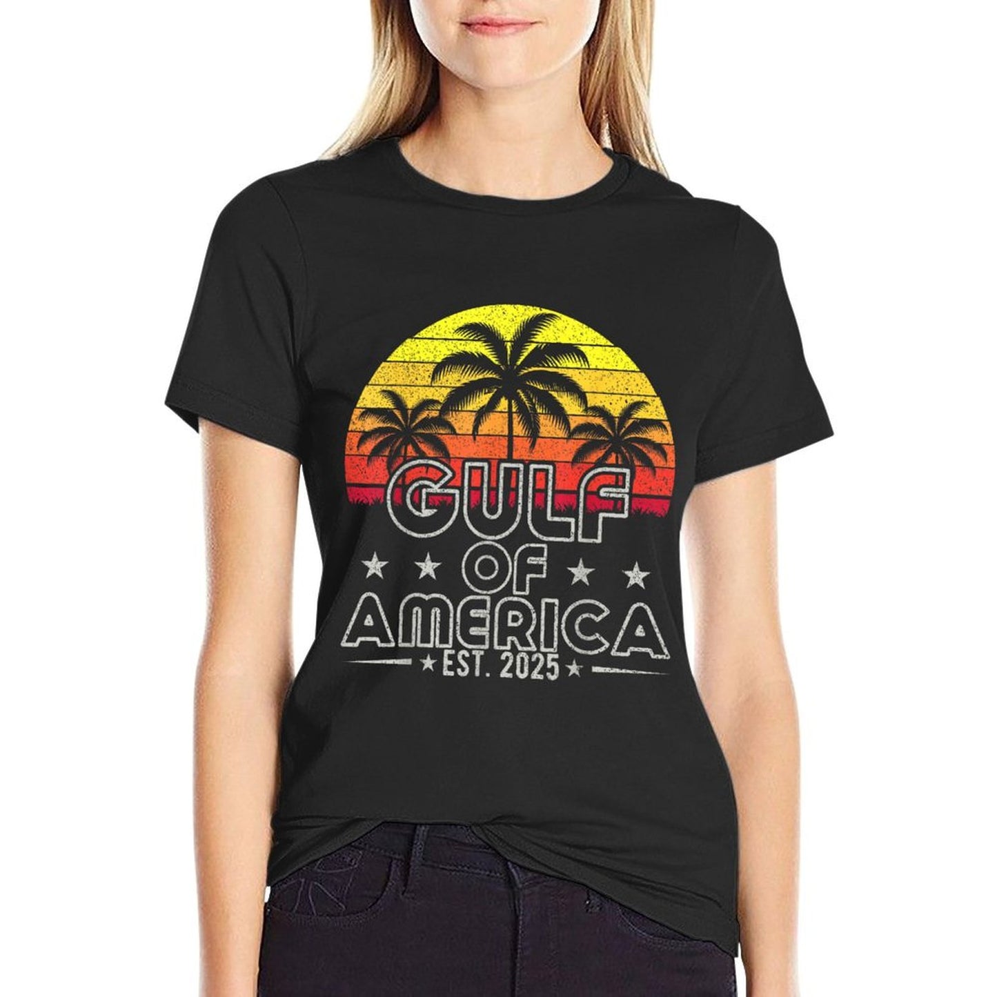 Vintage Gulf Of USA America Est 2025 USA Flag Gulf Mexico Oversized Silhouette T-Shirt