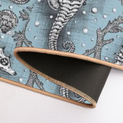 Victorian Seahorse Damask in Powder Blue Antique Steampunk  Stain-Proof Bath Mat