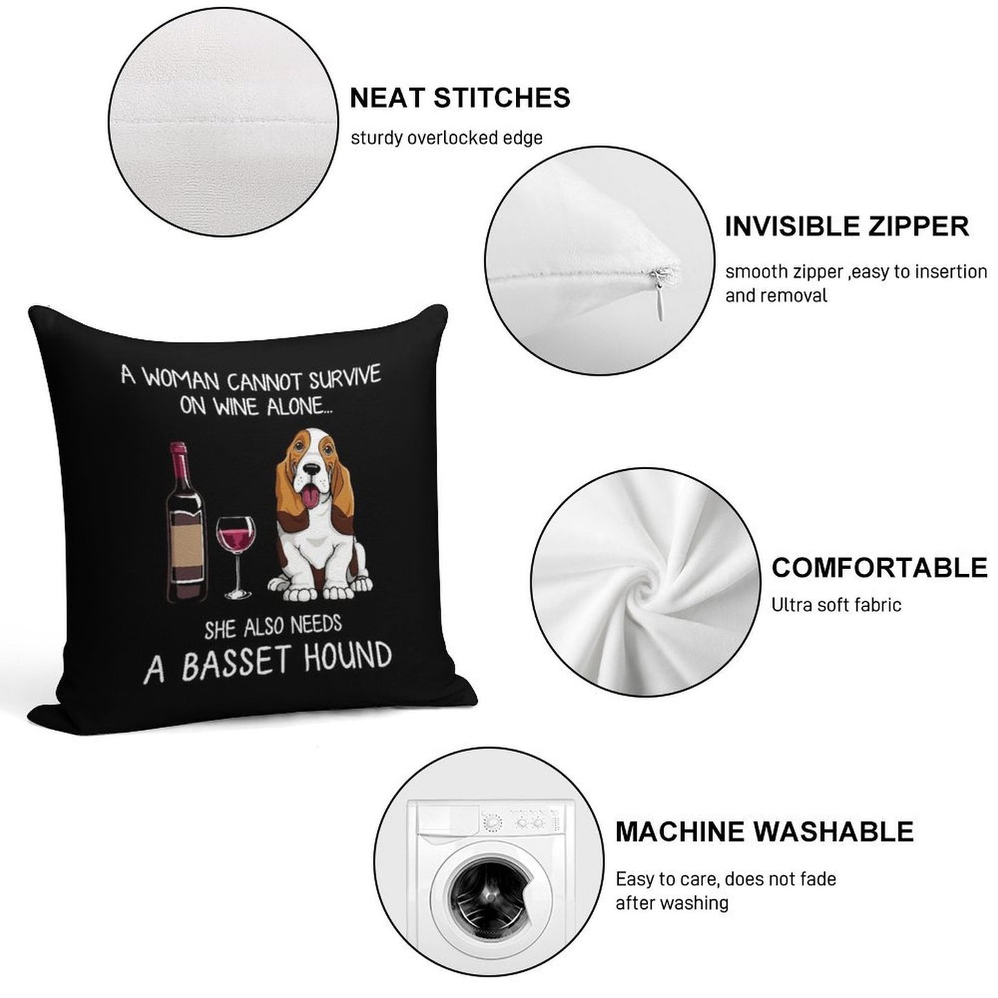 Basset Hound And Wine Funny Dog Soft Easy Maintenance Throw Pillow