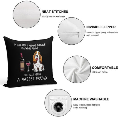 Basset Hound And Wine Funny Dog Soft Easy Maintenance Throw Pillow