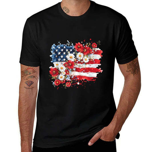 4th of July Floral American Wildflowers Patriotic Women  Graphic-printed T-Shirt