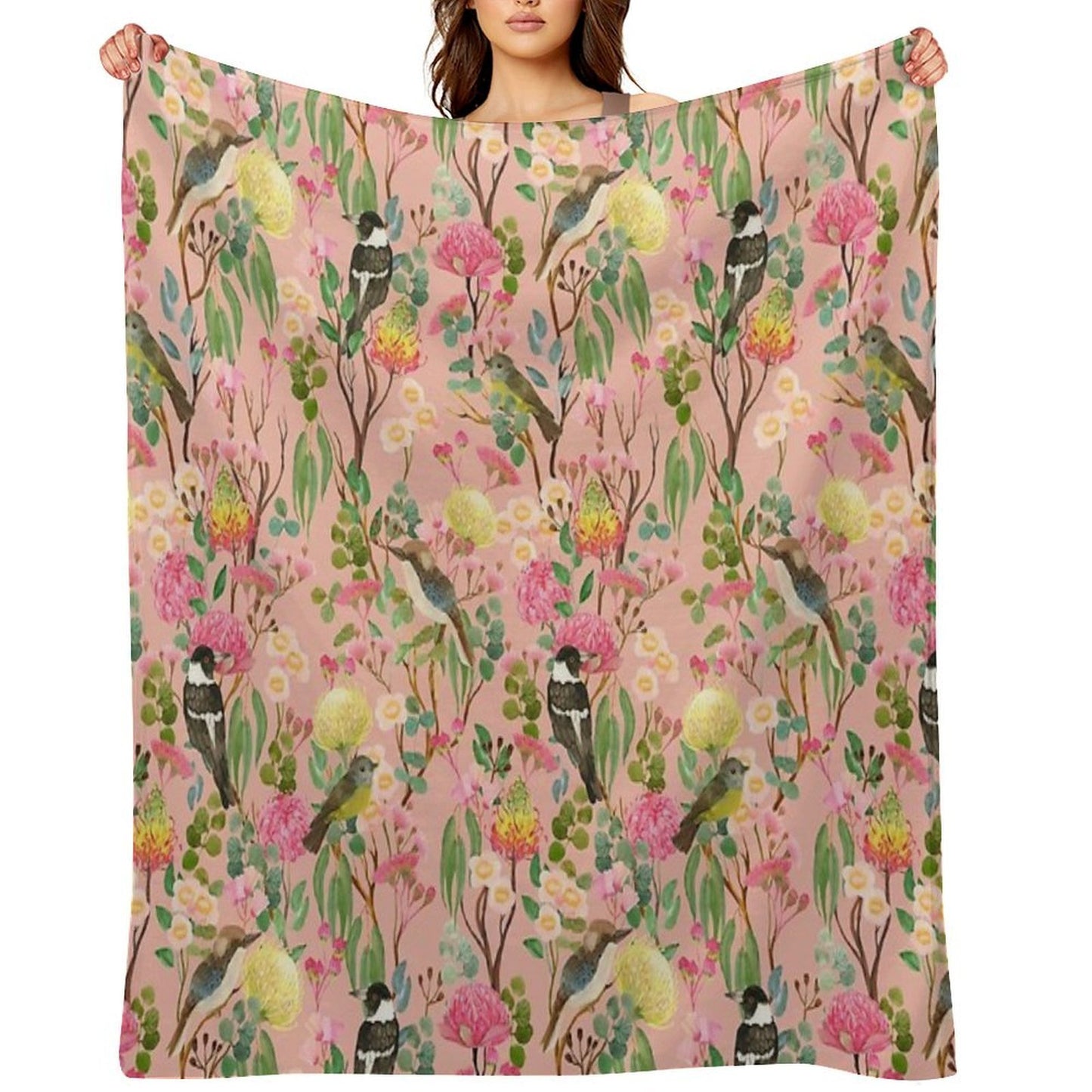 Australian Birds And Blooms Native Flora Chinoiserie Wrinkle-free Throw Blanket