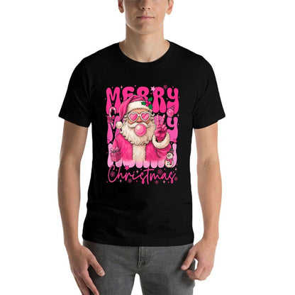Merry Christmas Pink Santa Claus Blowing Bubble Gum Xmas  Trendy Pattern T-Shirt