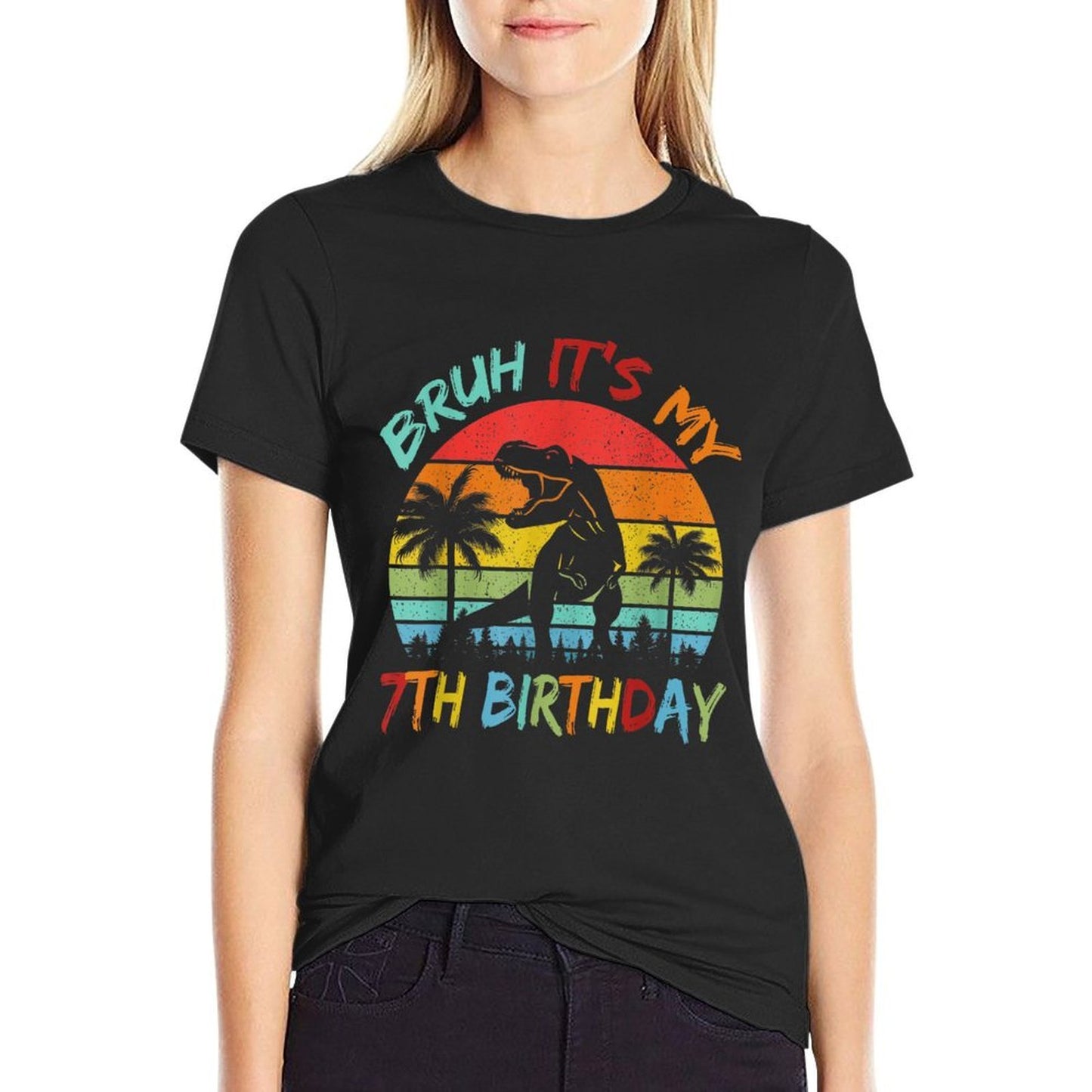Bruh It's My 7th Birthday Dinosaur 7 Year Old  Rolled Sleeves T-Shirt