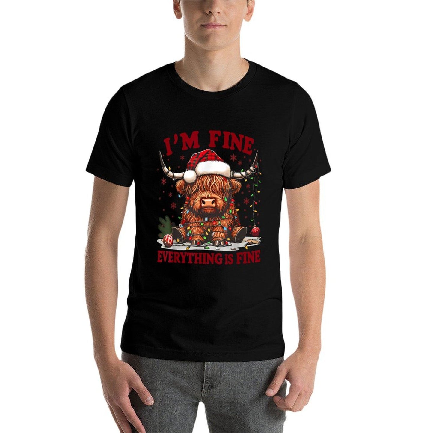 Im Fine Everything Is Fine Funny Christmas Highland Cow  Rolled Sleeves T-Shirt