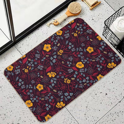 Mustard Yellow, Burgundy & Blue Floral Pattern  Easy Maintenance Bath Mat