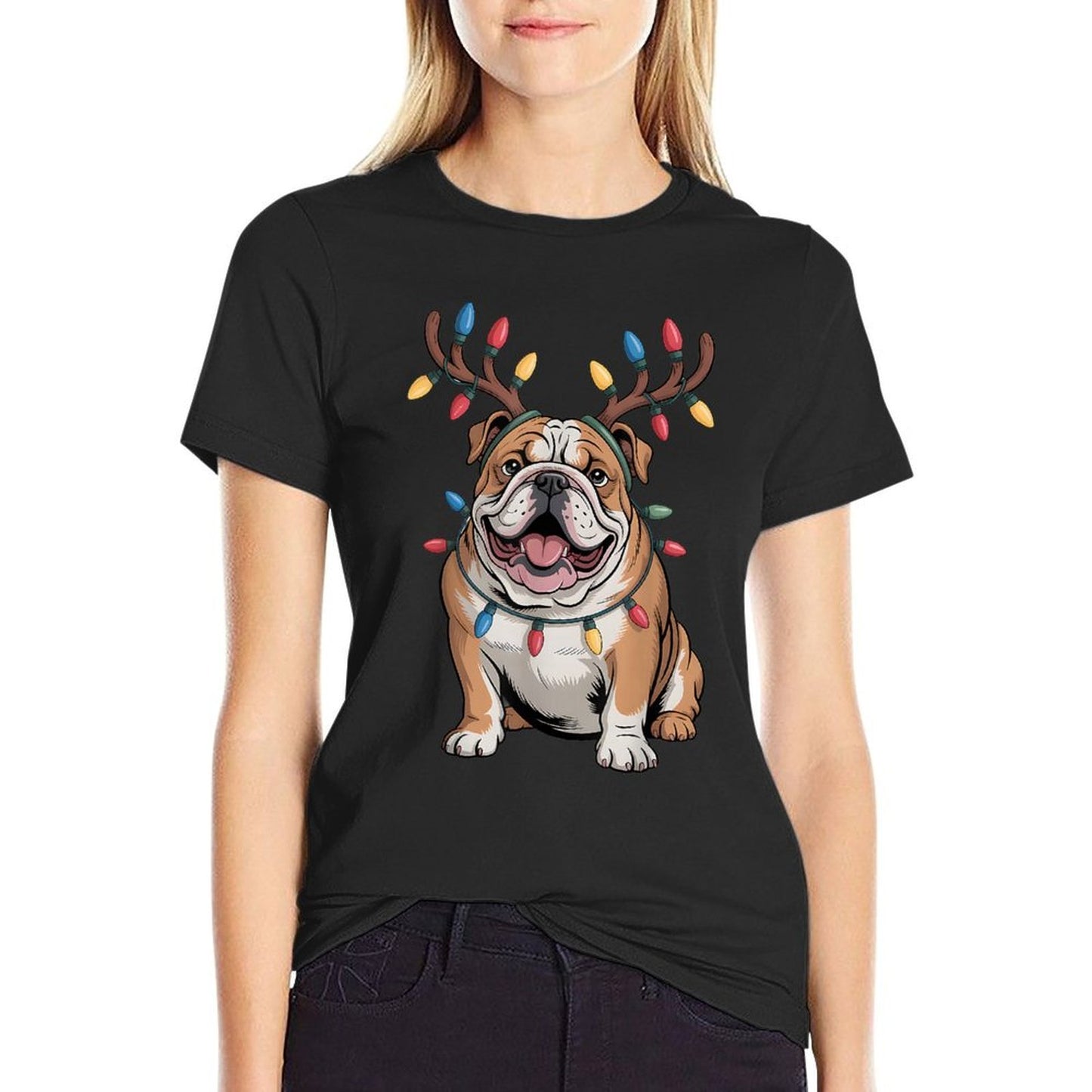 Santa English Bulldog Reindeer Light Christmas  Vintage-inspired T-Shirt