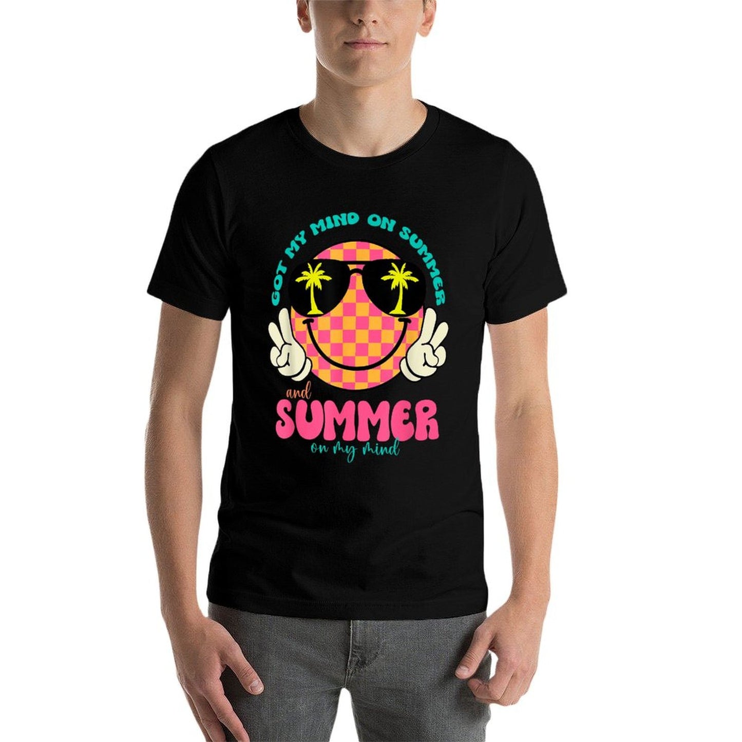 Groovy Happy Face Summer Vibes Got My Mind On Summer Teacher Rolled Sleeves T-Shirt