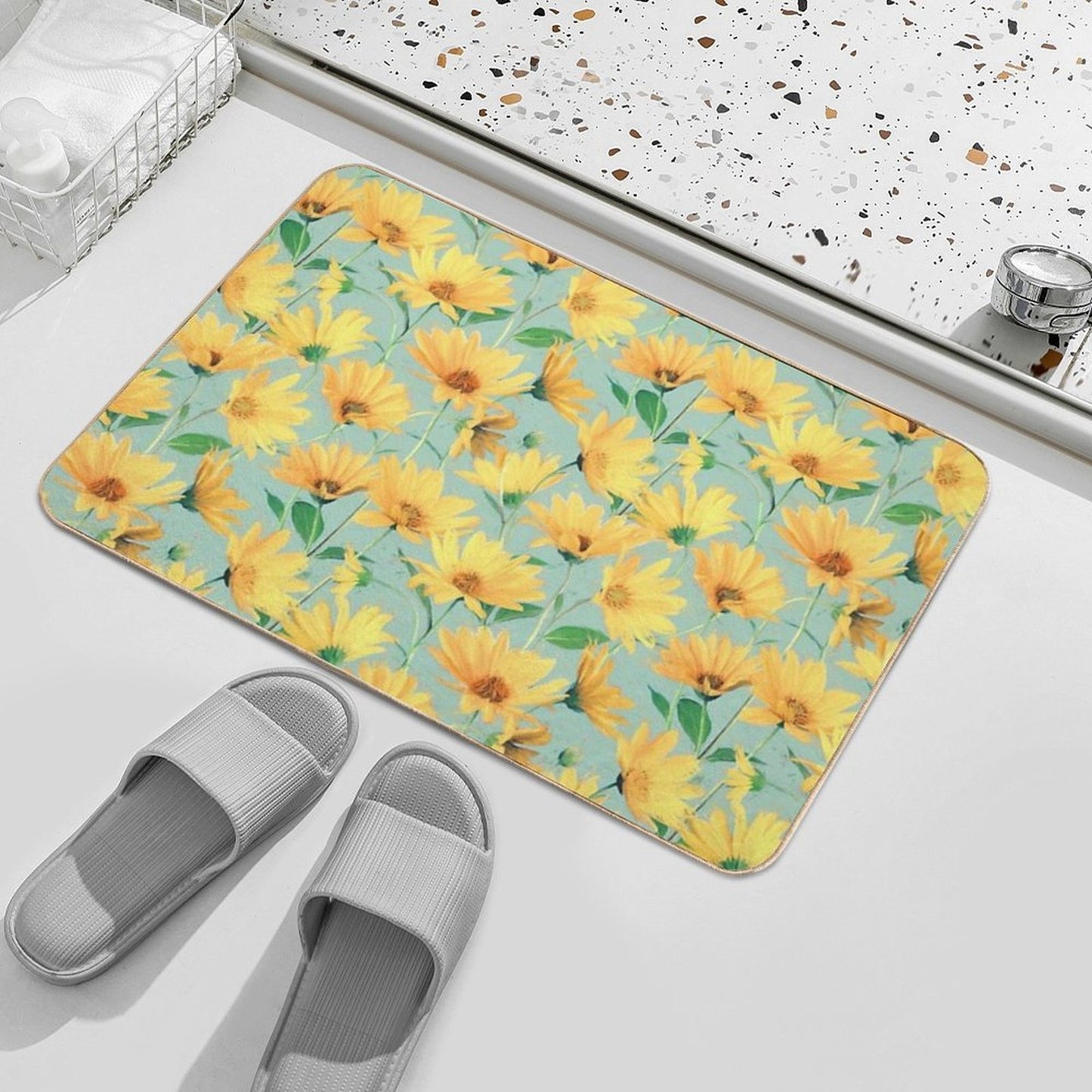 Painted Golden Yellow Daisies on Soft Sage Green  Long-Lasting Bath Mat