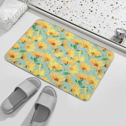 Painted Golden Yellow Daisies on Soft Sage Green  Long-Lasting Bath Mat