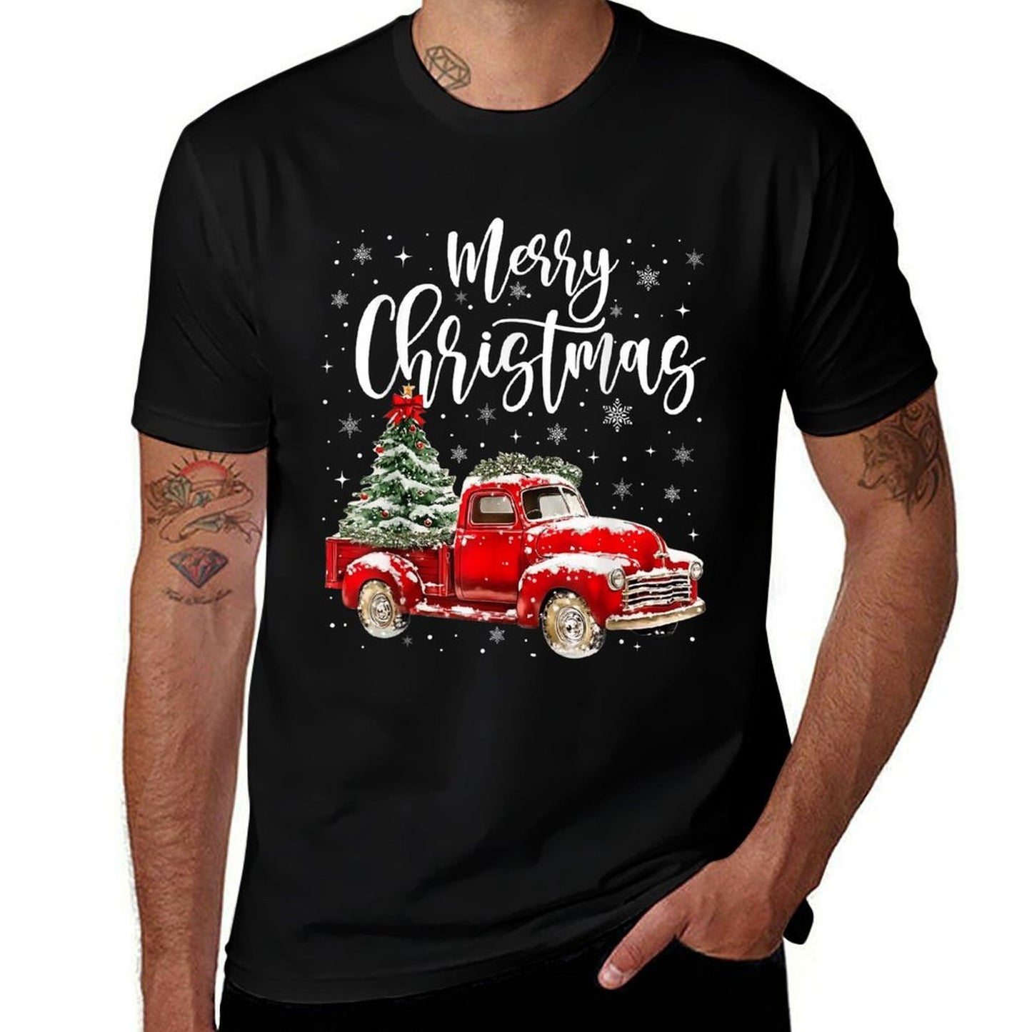 Merry Christmas Red Truck Family Matching Christmas Pajama  Rolled Sleeves T-Shirt