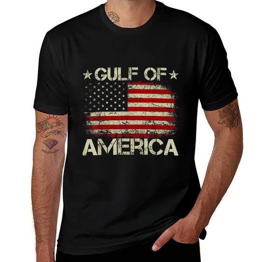 Gulf of USA America Vintage American Flag Patriotic Ribbed Collar T-Shirt