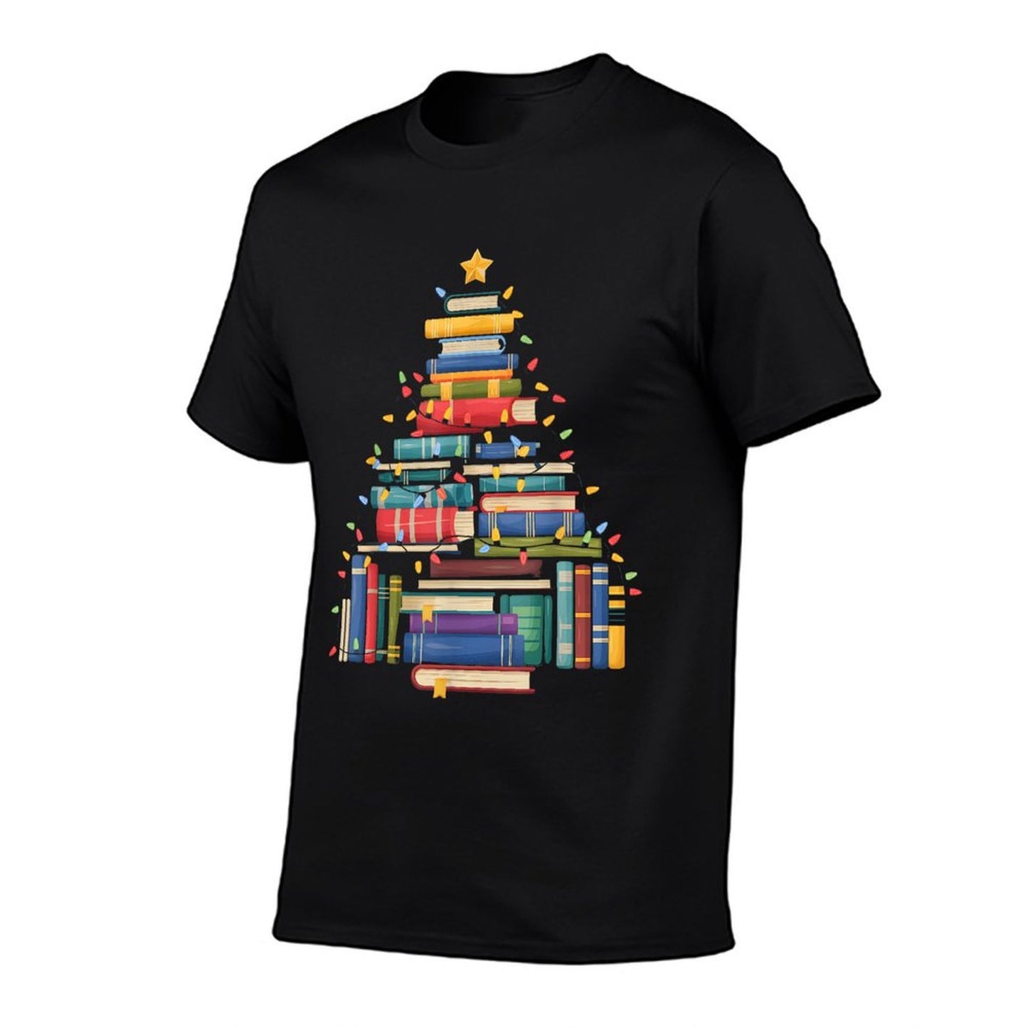 Funny Christmas Tree Made of Books Librarian Reader Holiday  Fade-proof Color T-Shirt