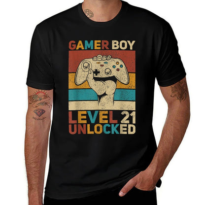 Mens Gamer Boy Level 21 Unlocked 21 Years Old Boy 21st Birthday  Oversized Silhouette T-Shirt