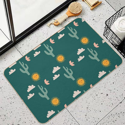 Boho Aesthetic Landscape Southwest Cactus And Sun - Forest Green Background  Long-Lasting Bath Mat