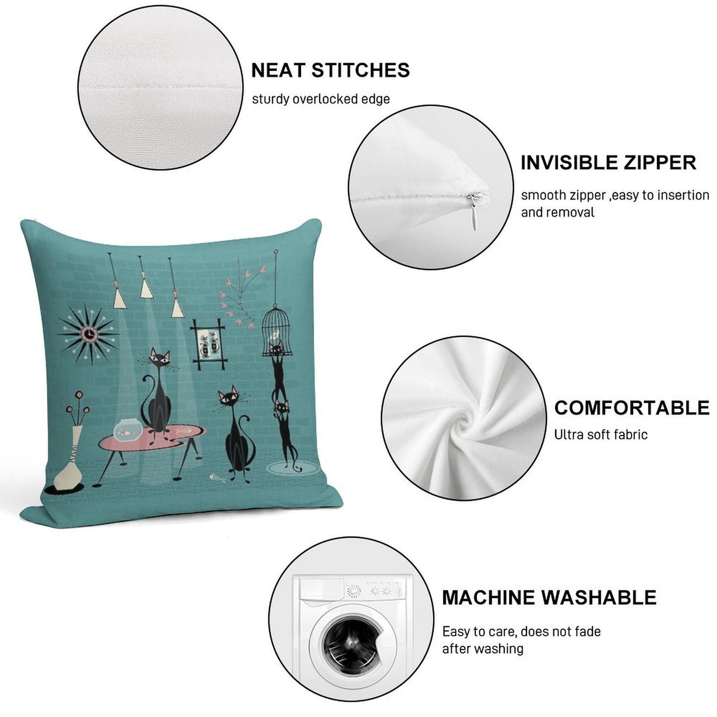 Mid Century Kitty Mischief III ©studioxtine Soft Shrink-Resistant Throw Pillow