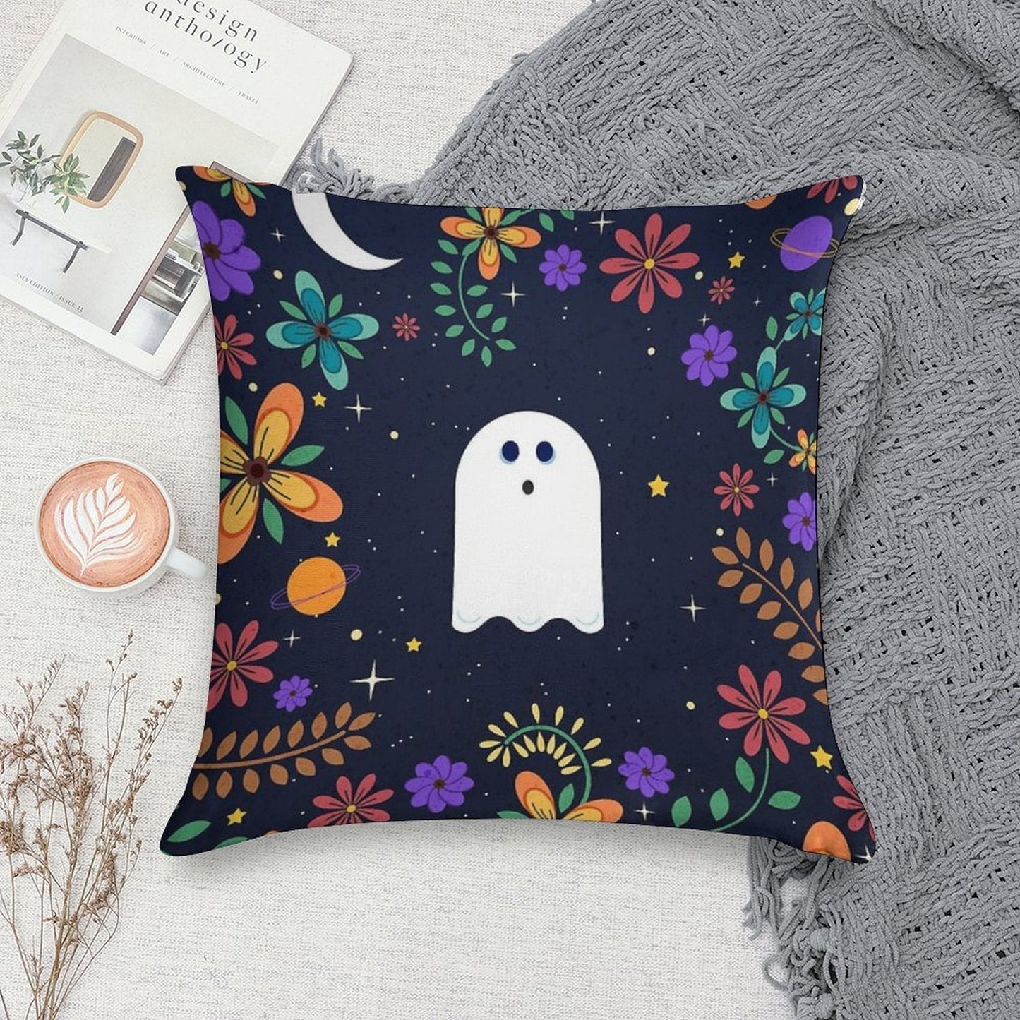 Spoopy Cute Ghost. Halloween Decor. Cute Ghost Dia De Los Muertos. Orange All Hallows Eve Floral Illustration. Soft Washable Throw Pillow