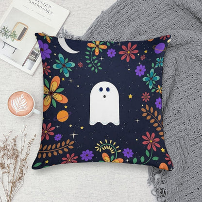Spoopy Cute Ghost. Halloween Decor. Cute Ghost Dia De Los Muertos. Orange All Hallows Eve Floral Illustration. Soft Washable Throw Pillow