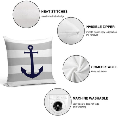 Nautical Navy Blue Anchor On Gray Stripes Soft High-Density Material Throw Pillow