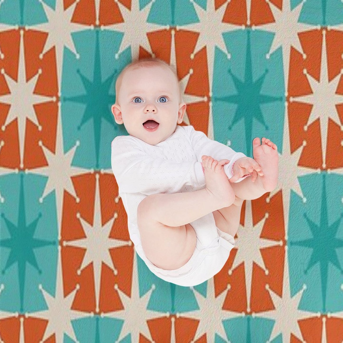 Mid Century Modern Atomic Stars Retro Checkered Starburst Pattern in Teal Turquoise Orange Shrink-resistant Throw Blanket