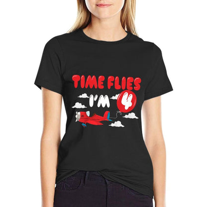 Kids 4th Birthday Airplane Time Flies I’m Four 4 Yrs Old  Eco-friendly Material T-Shirt