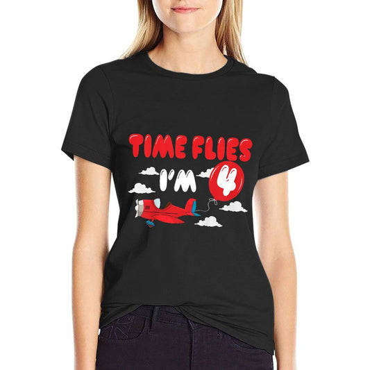 Kids 4th Birthday Airplane Time Flies I’m Four 4 Yrs Old  Eco-friendly Material T-Shirt