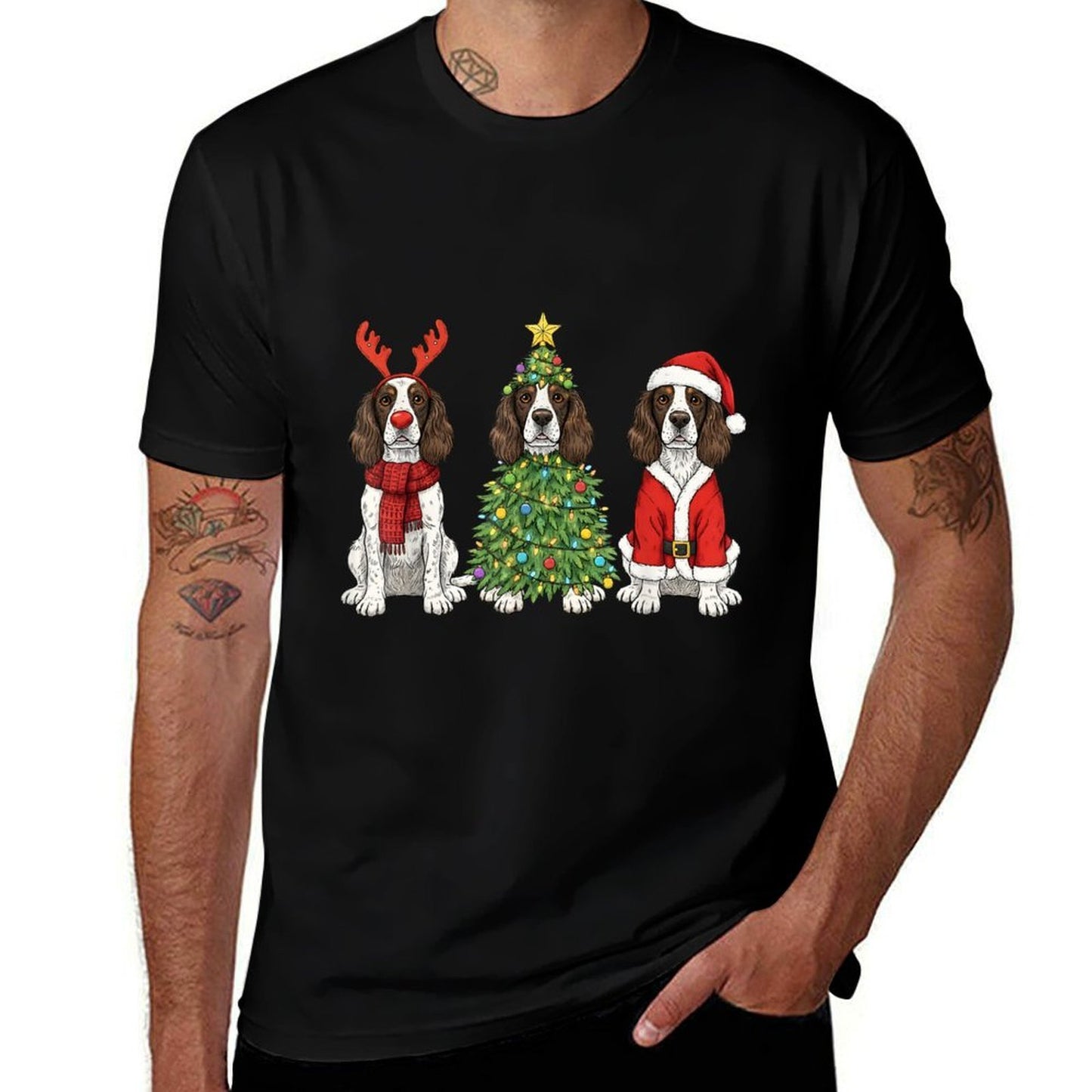 Retro Christmas English Springer Spaniel Santa Reindeer Dog  Classic T-Shirt