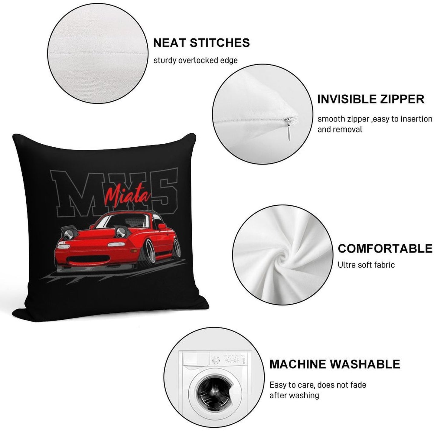 Red Miata Jdm Car Soft Short Plush Fabric Throw Pillow