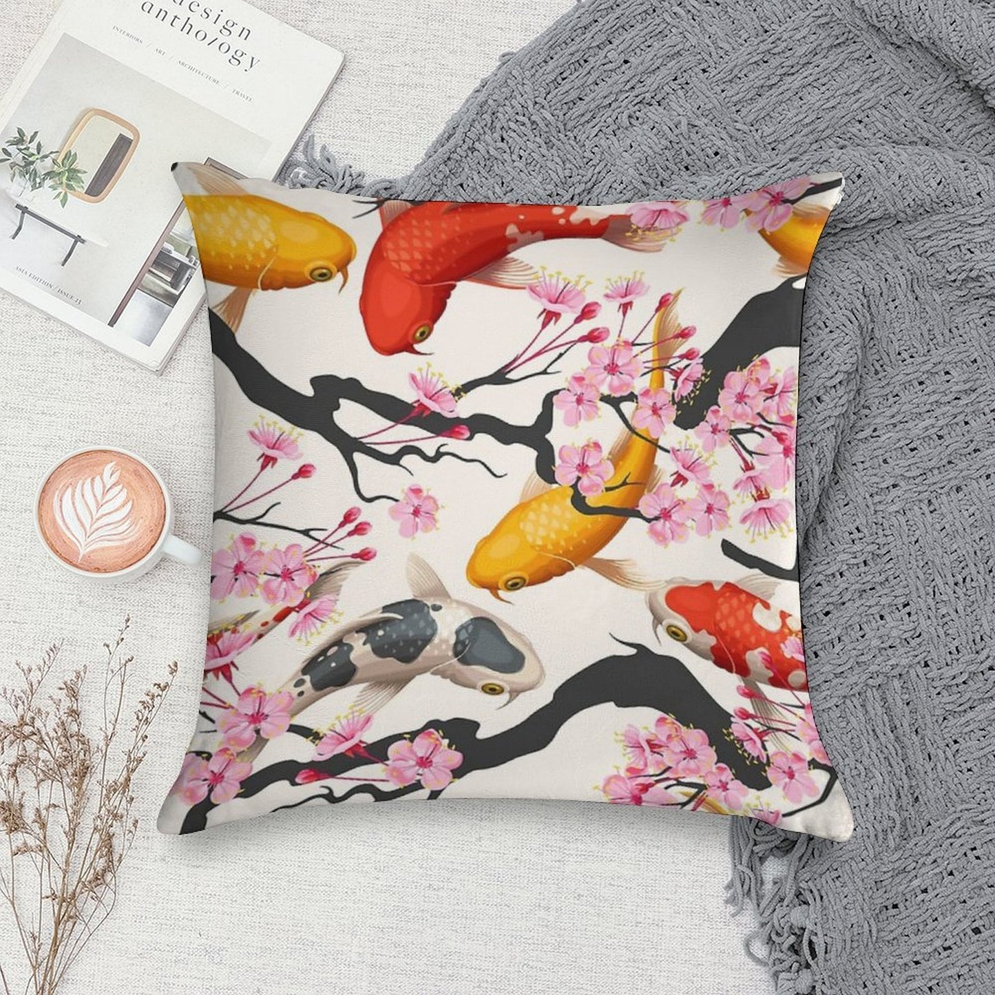 Koi Carp with Sakura Plant Soft Warmth Comfort Throw Pillow