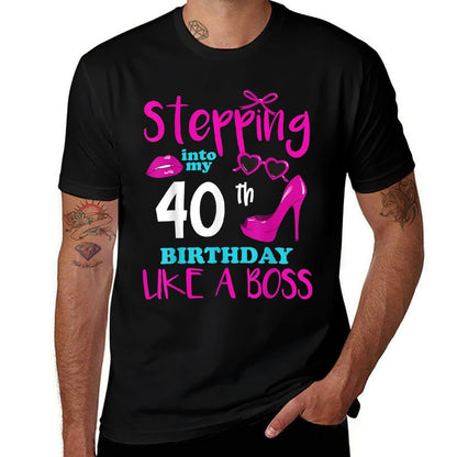 Stepping Into My 40 Year Old Birthday Like A Boss 40th BDay  Ribbed Collar T-Shirt