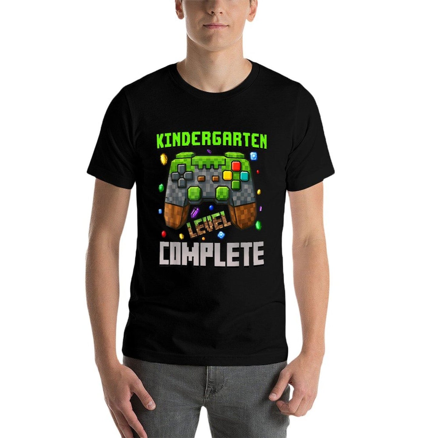 Kindergarten Level Complete Graduation Gamer Pixel  Ribbed Collar T-Shirt