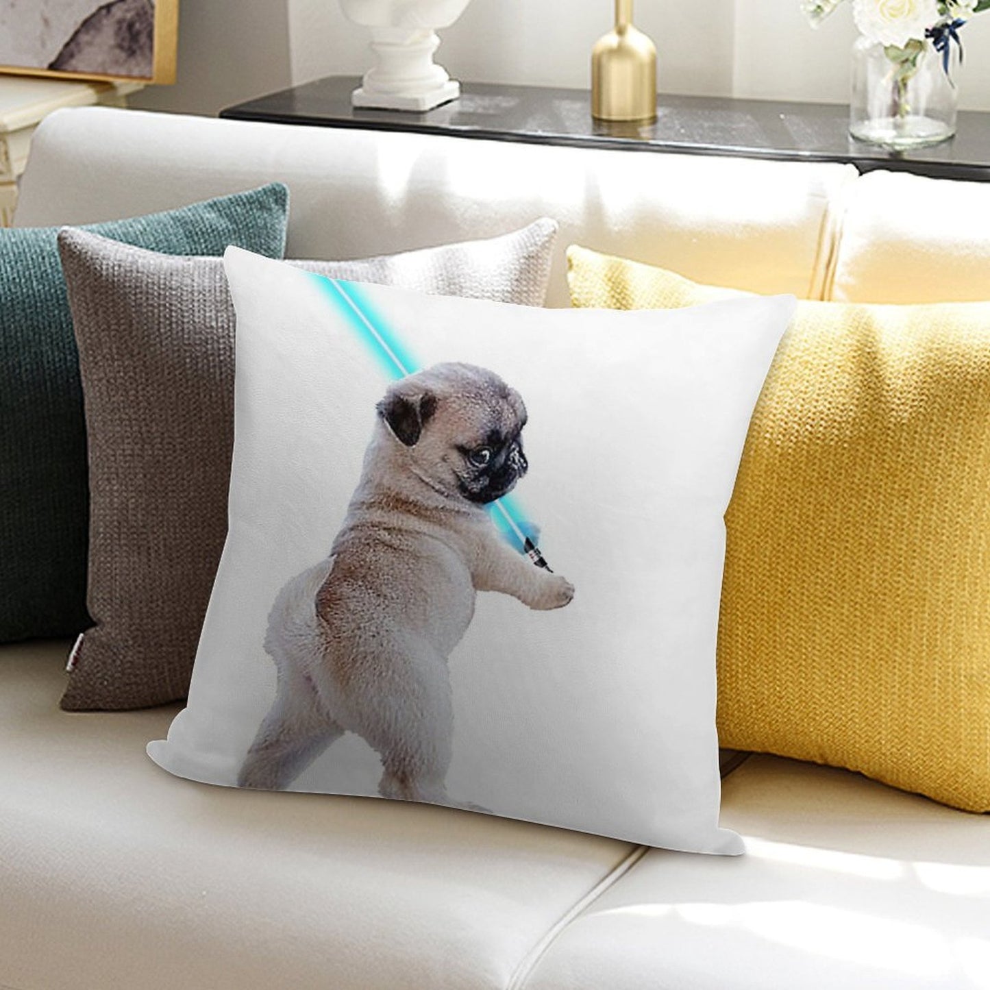 Pug with Lightsaber Soft Short Plush Fabric Throw Pillow