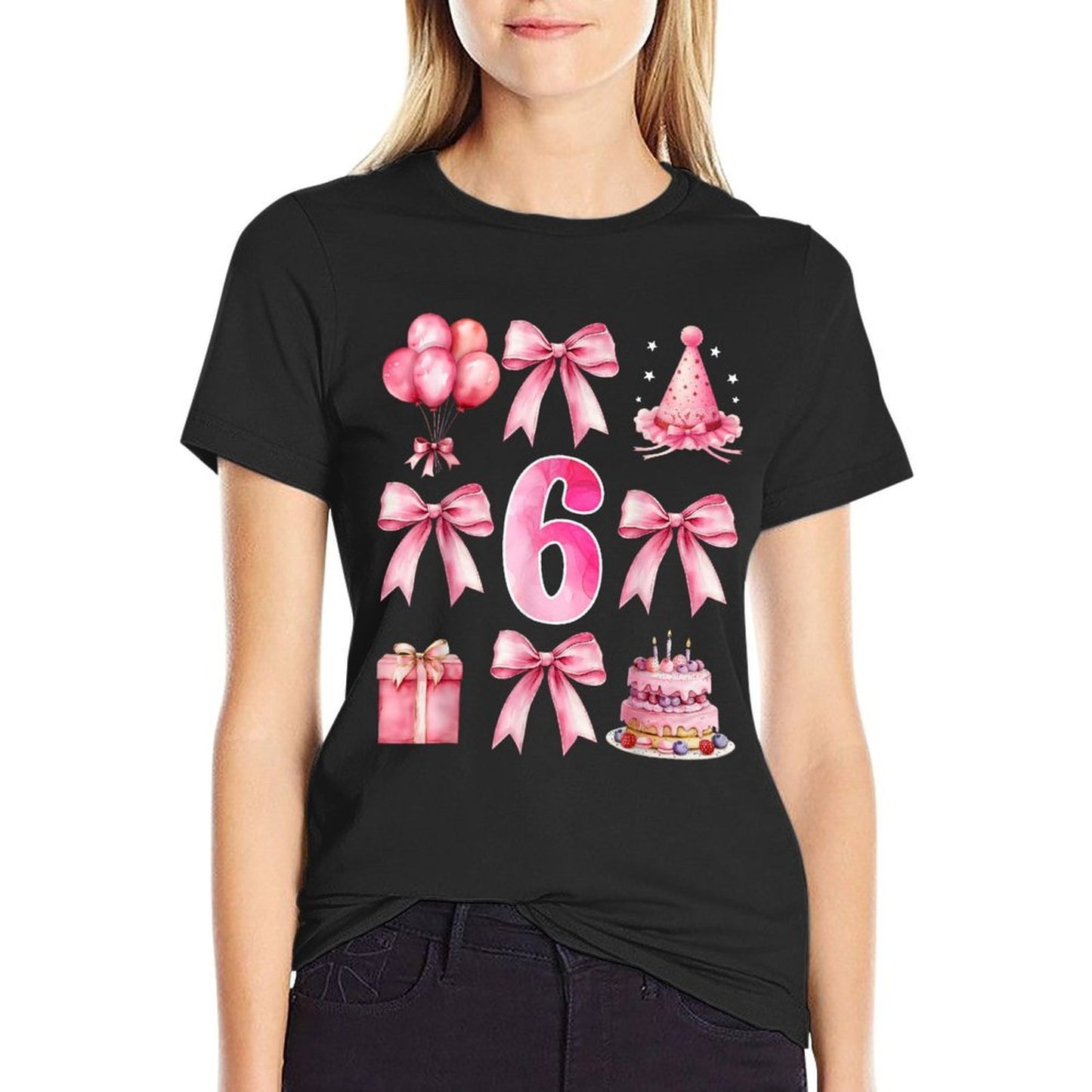 Kids 6th Birthday Girl Pink Coquette Bow Six Year Old Girl  Vintage-inspired T-Shirt