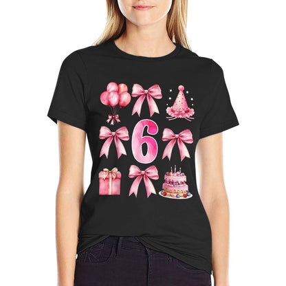 Kids 6th Birthday Girl Pink Coquette Bow Six Year Old Girl  Vintage-inspired T-Shirt