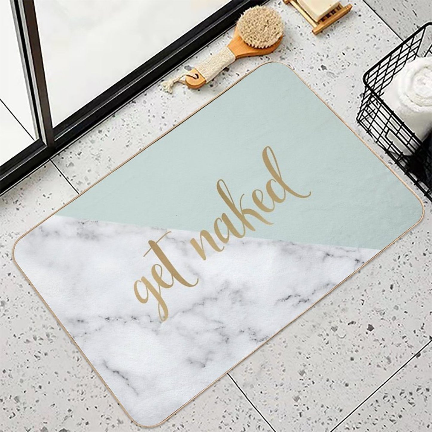 Get Naked Bathroom And Bedroom Quote, Grey, Gold Marble  Slip-Resistant Bath Mat