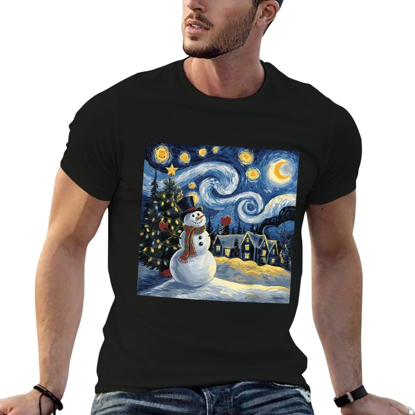 Van Gogh Starry Night Christmas Snowman Winter Snowy Night  Moisture-wicking T-Shirt