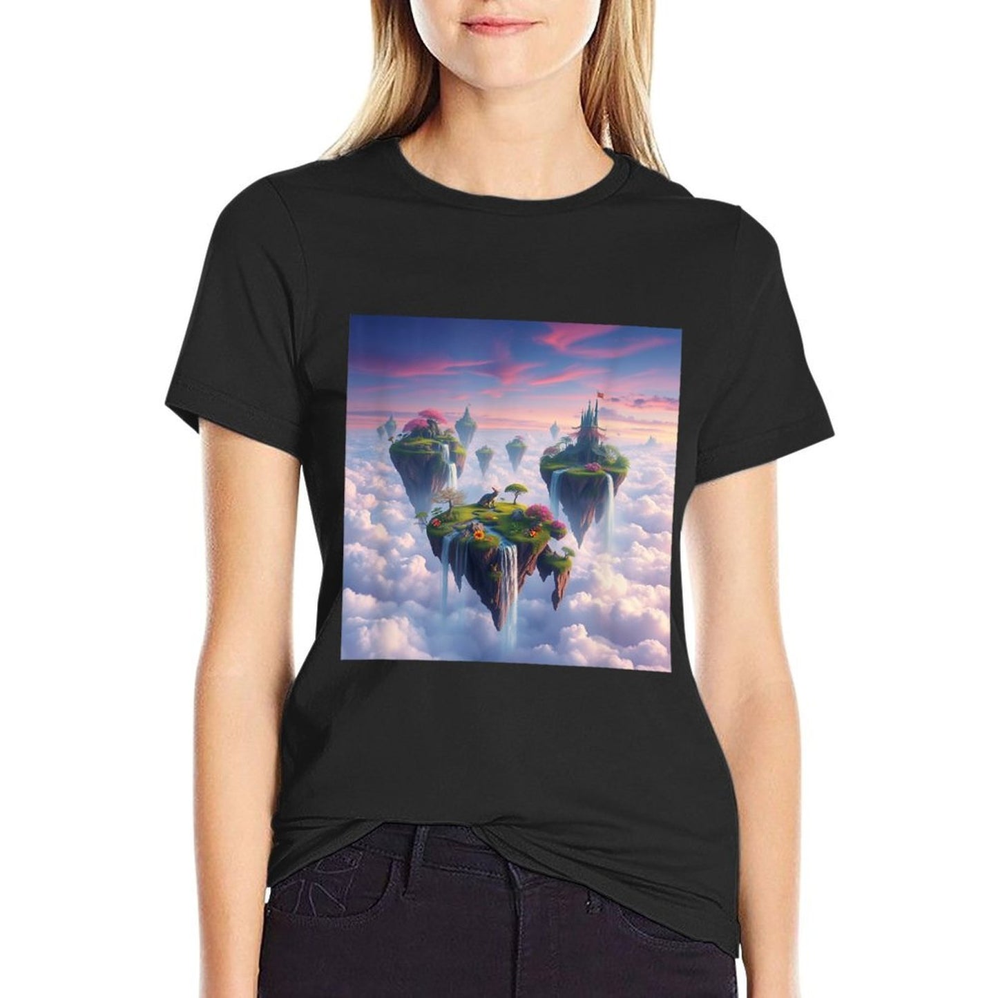 Floating Islands Landscape Graphics Waterfalls Twilight Sky  Eco-friendly Material T-Shirt