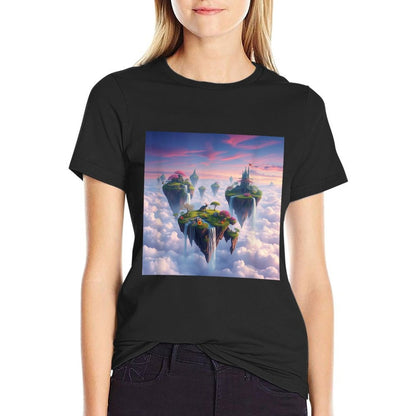Floating Islands Landscape Graphics Waterfalls Twilight Sky  Eco-friendly Material T-Shirt