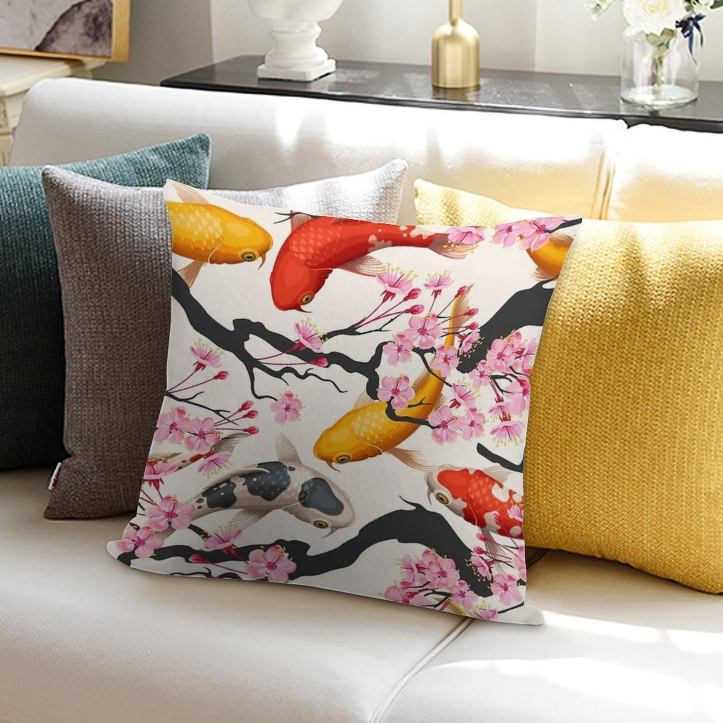 Koi Carp with Sakura Plant Soft Warmth Comfort Throw Pillow
