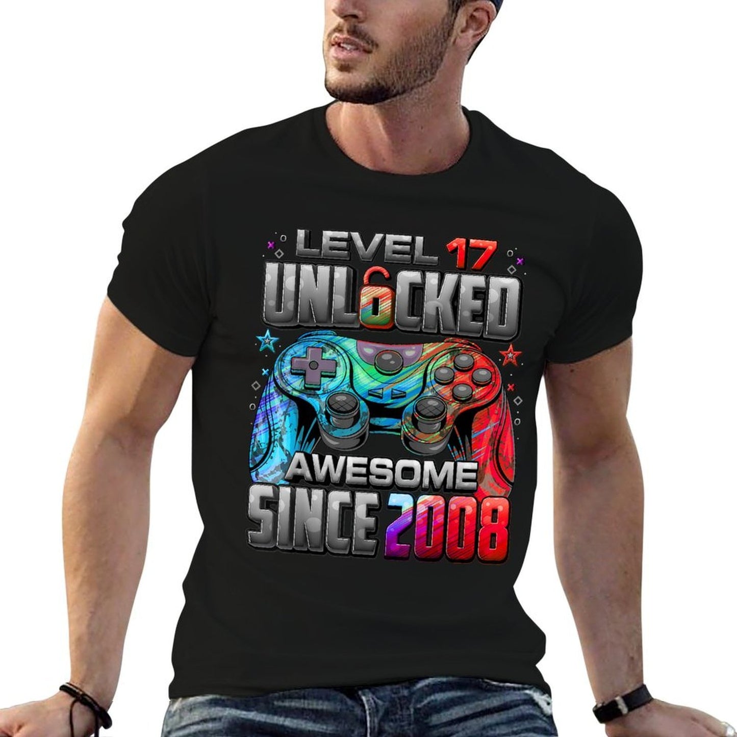 Level 17 Unlocked Awesome Since 2008 17th Birthday Gaming  Heathered Texture T-Shirt