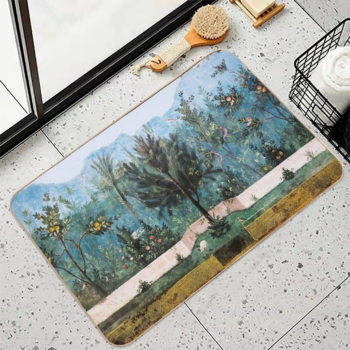 ANTIQUE ROMAN WALL PAINTING Flower Garden Flying Birds Pine,Quince And Apple Trees  Multi-Purpose Bath Mat