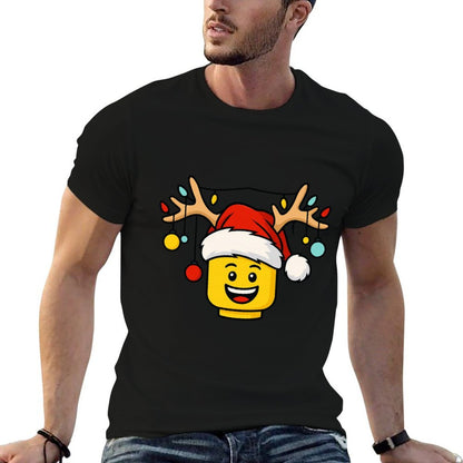 Christmas Building Bricks Head with Santa Hat Antlers Lights  Versatile T-Shirt