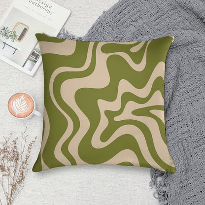 Retro Liquid Swirl Abstract Pattern in Mid Mod Beige And Olive Green Soft Home Decor Throw Pillow